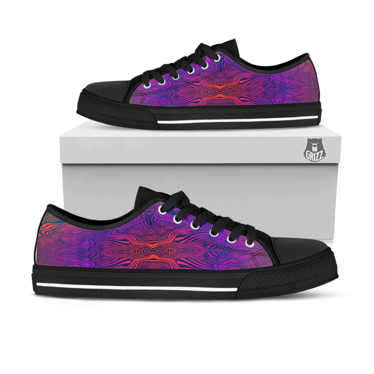 Psychedelic Trippy Ornament Print Black Low Top Shoes-grizzshop