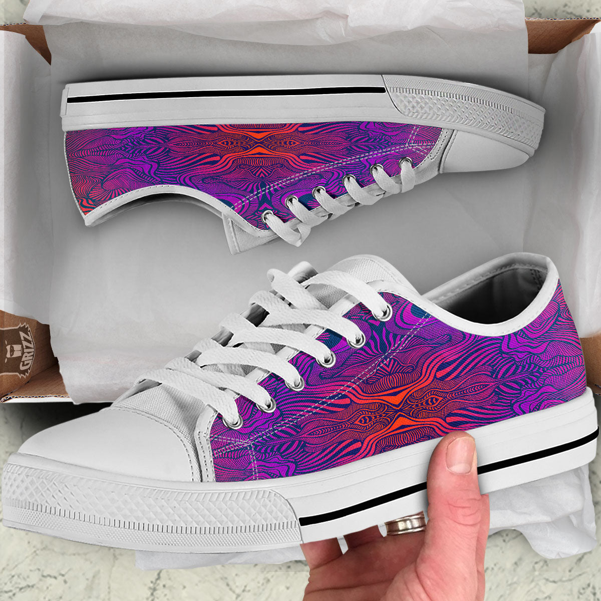 Psychedelic Trippy Ornament Print White Low Top Shoes-grizzshop