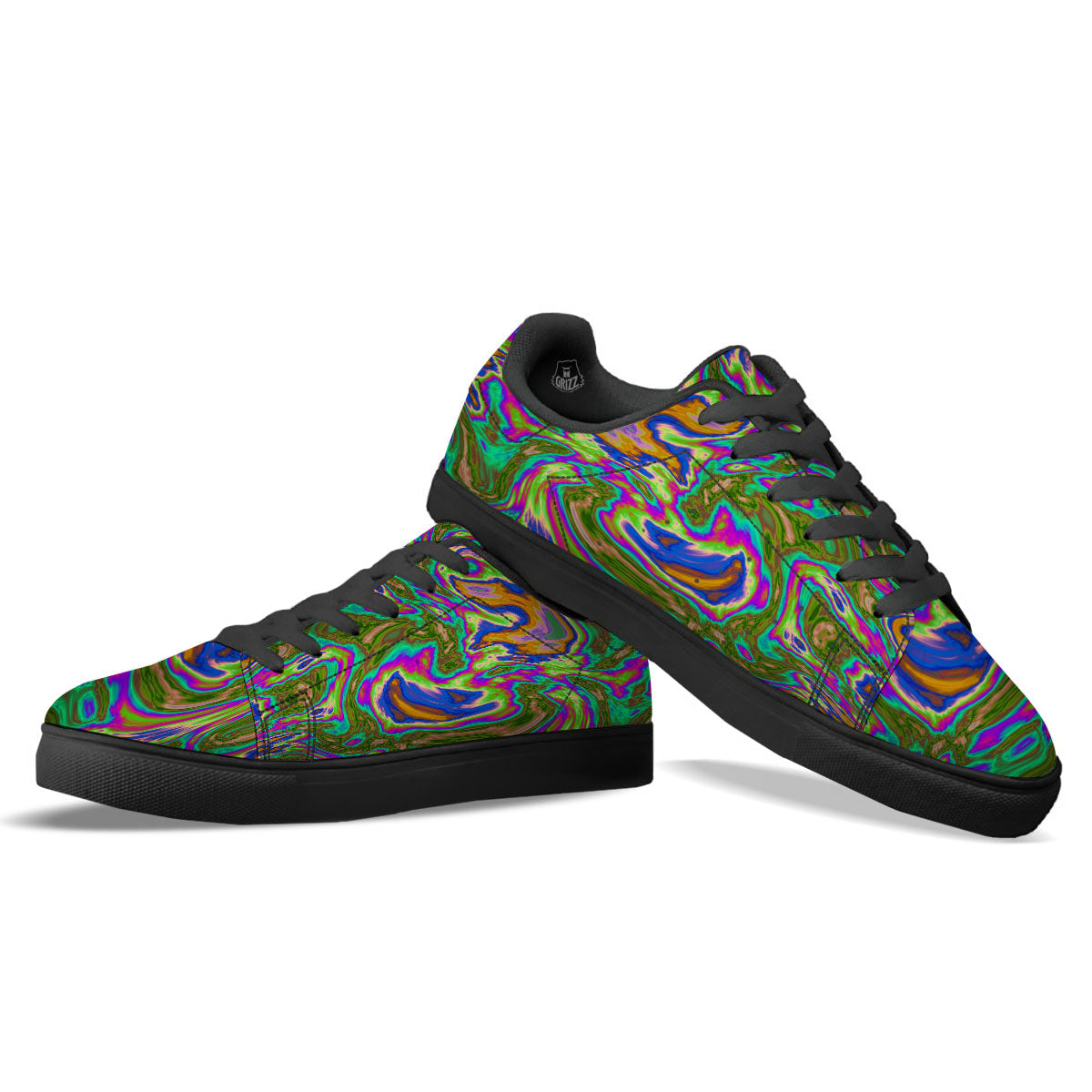 Psychedelic Trippy Purple Green Print Black Low Top Sneakers-grizzshop