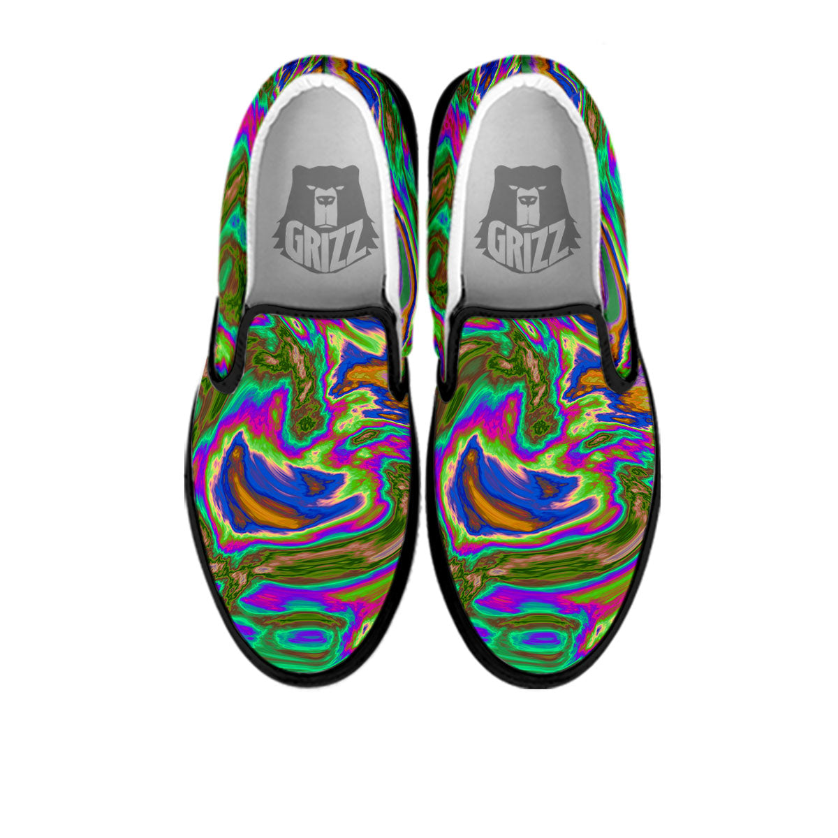 Psychedelic Trippy Purple Green Print Black Slip On Shoes-grizzshop