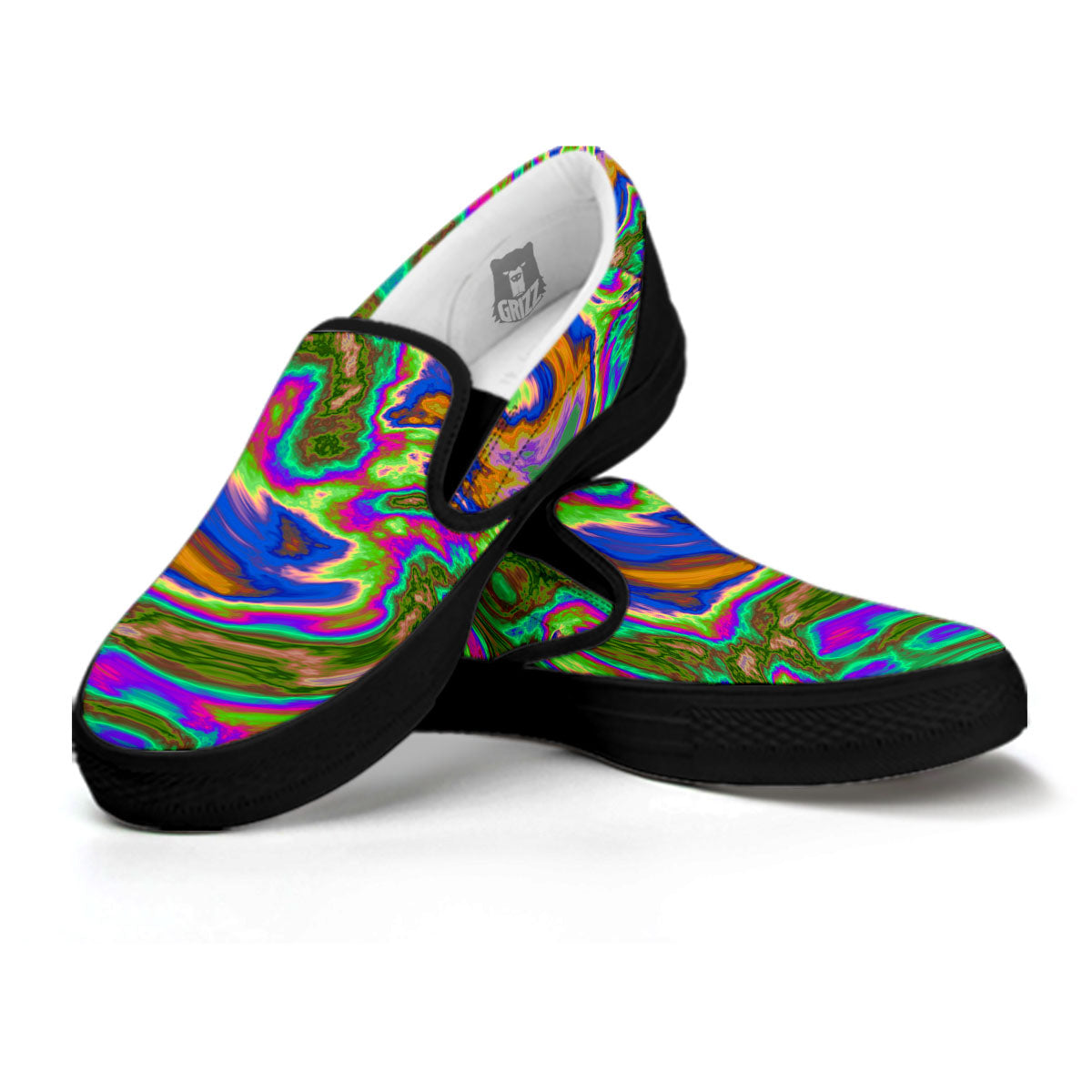 Psychedelic Trippy Purple Green Print Black Slip On Shoes-grizzshop