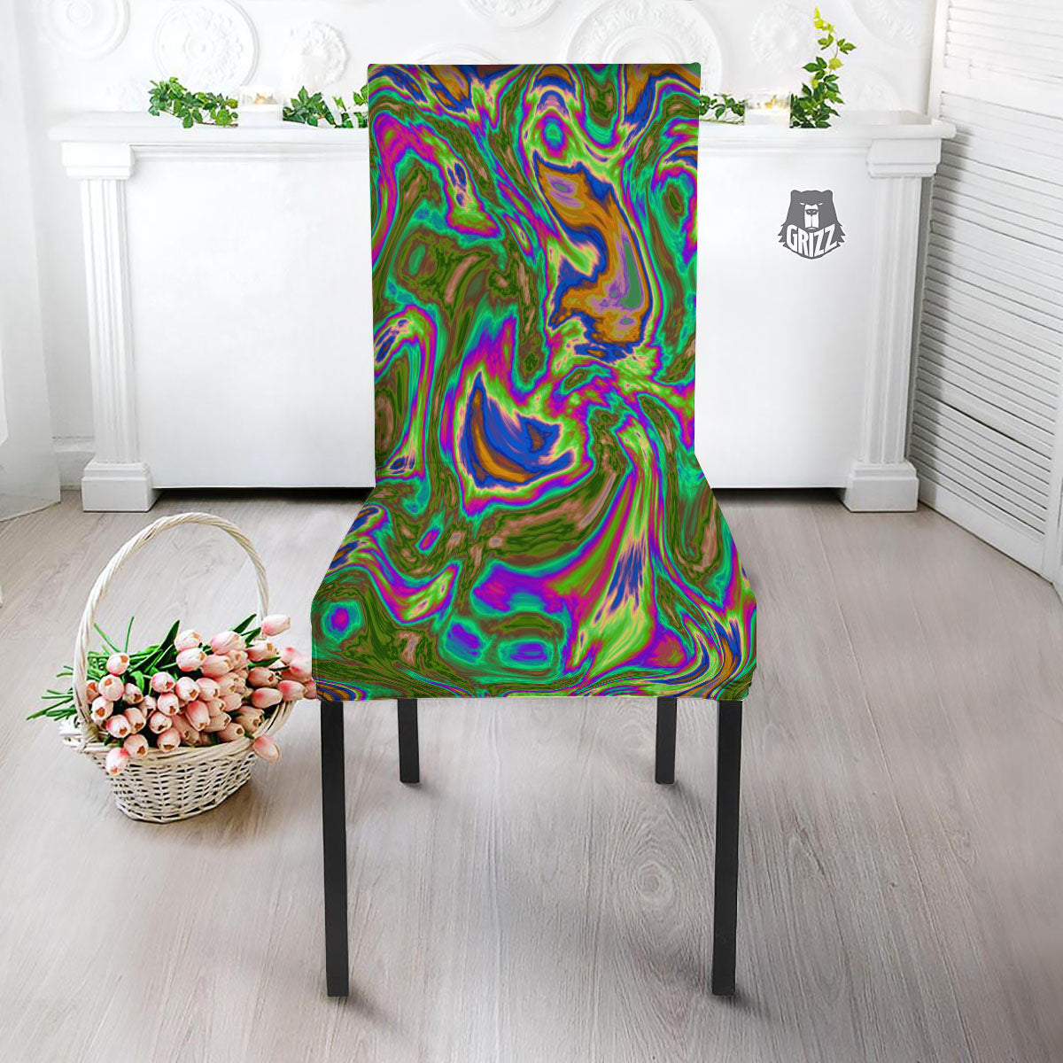 Psychedelic Trippy Purple Green Print Dining Chair Slipcover-grizzshop