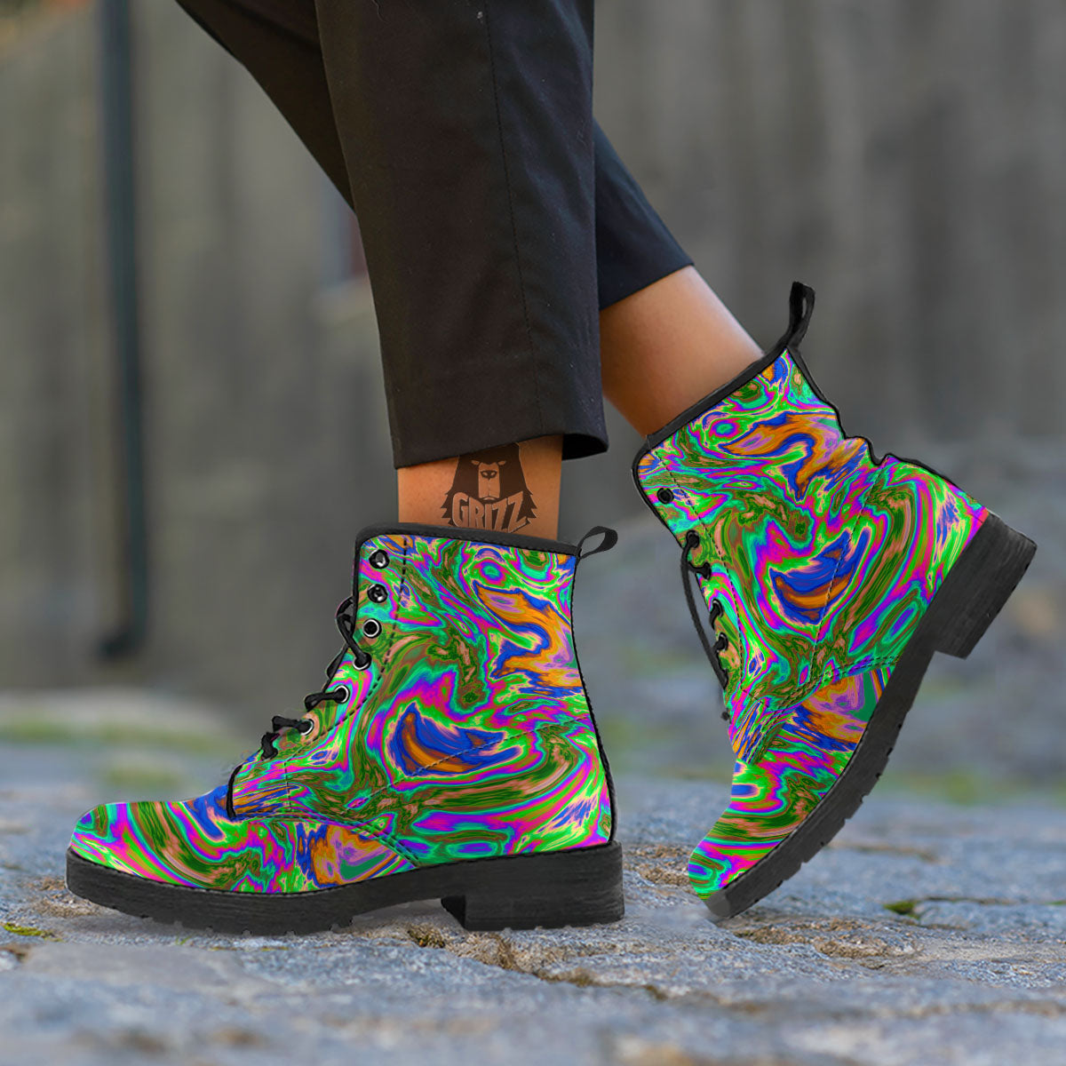 Psychedelic Trippy Purple Green Print Leather Boots-grizzshop