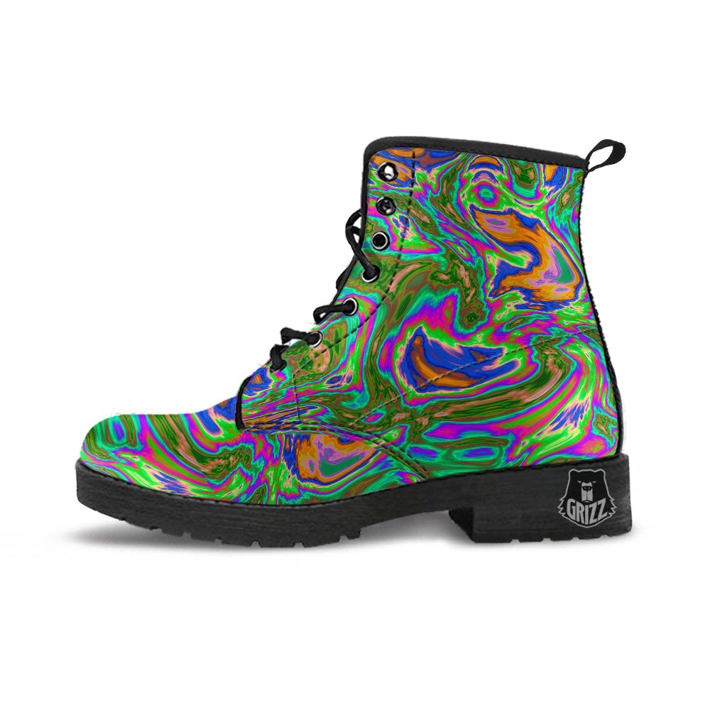 Psychedelic Trippy Purple Green Print Leather Boots-grizzshop