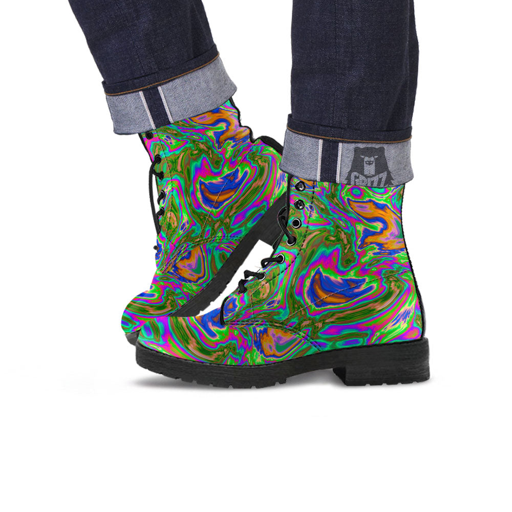 Psychedelic Trippy Purple Green Print Leather Boots-grizzshop