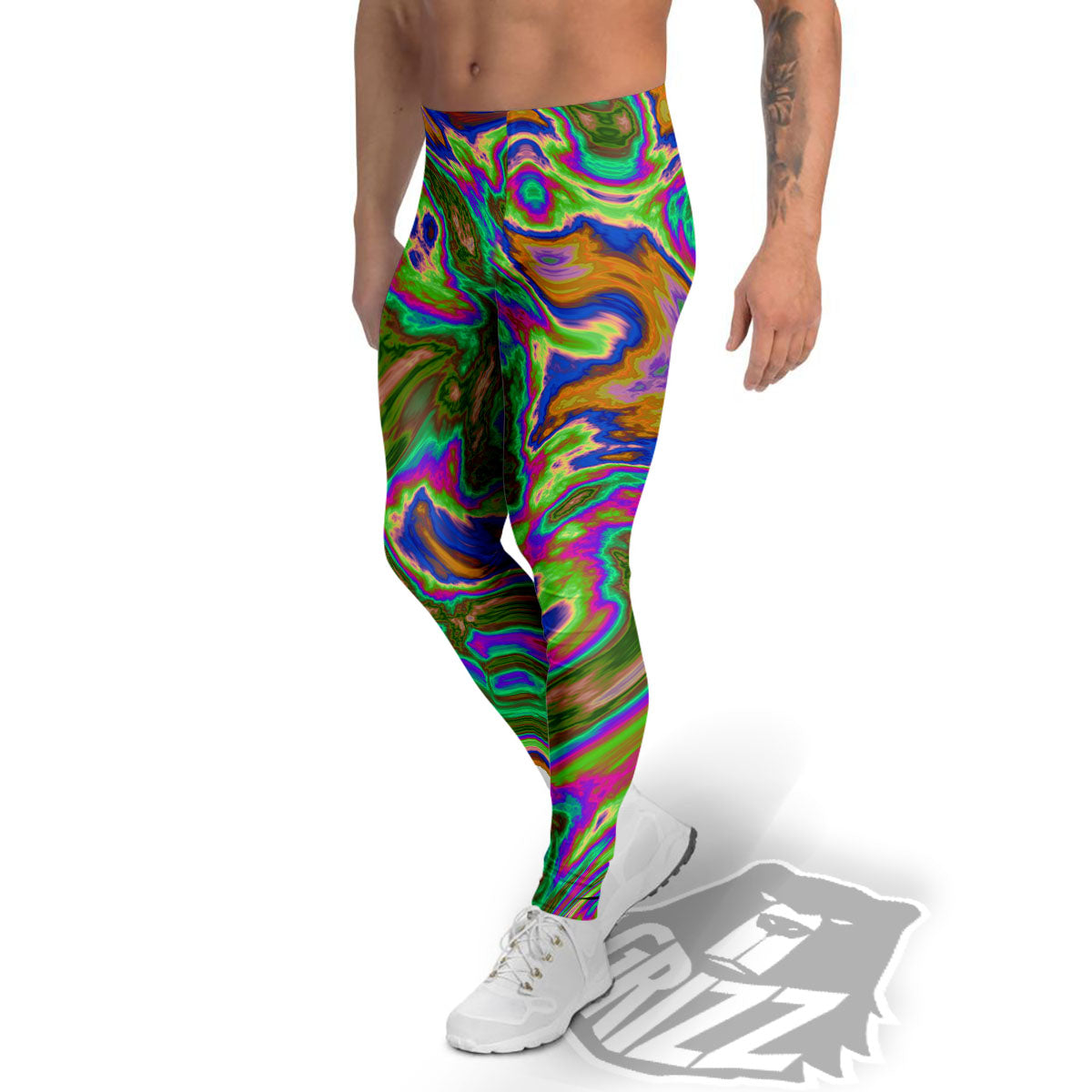 Psychedelic Trippy Purple Green Print Men's Leggings-grizzshop