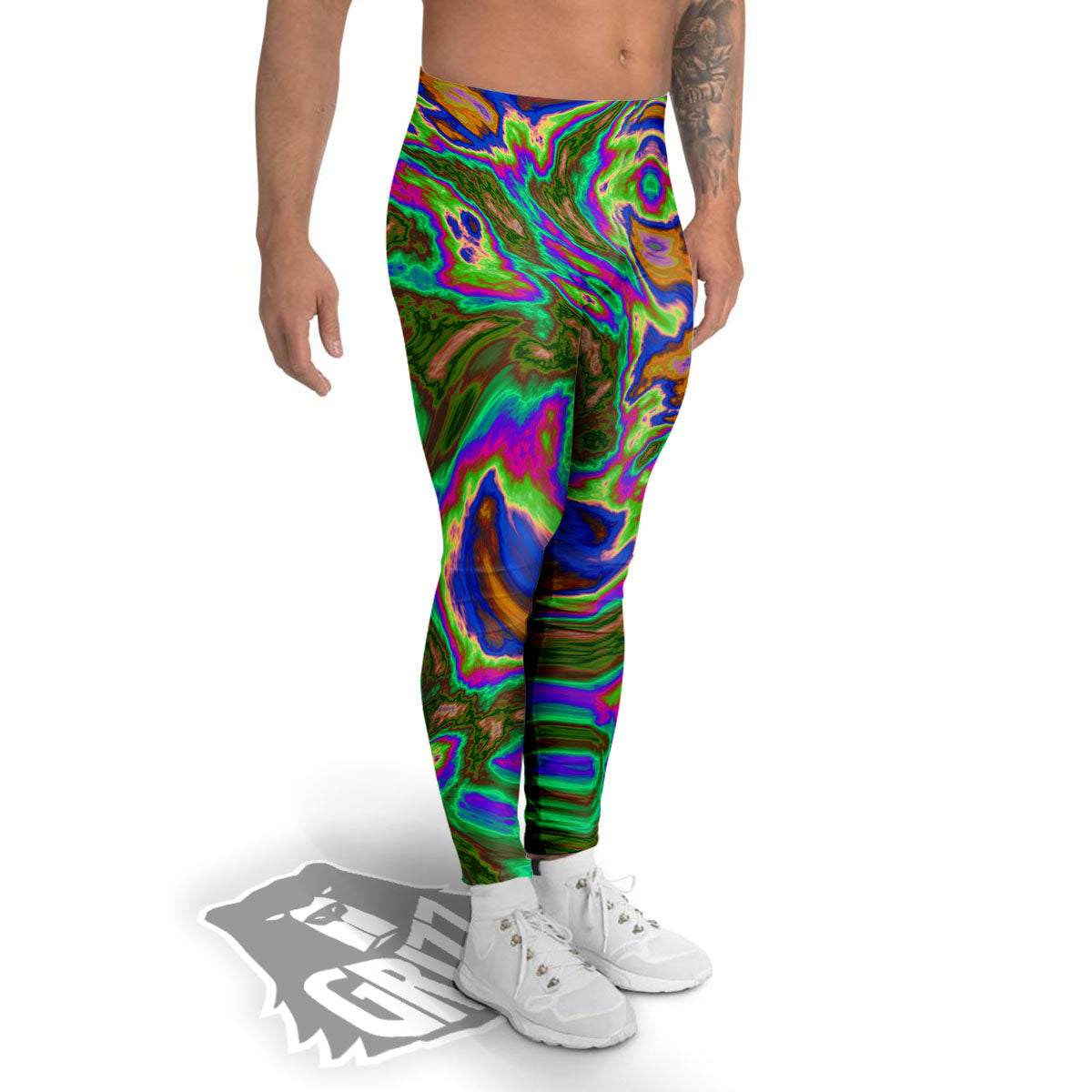 Psychedelic Trippy Purple Green Print Men's Leggings-grizzshop