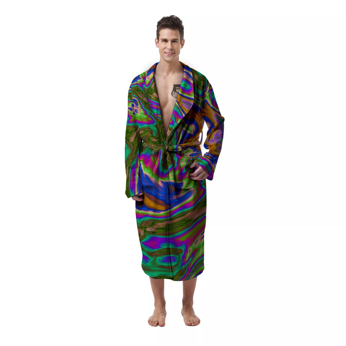 Psychedelic Trippy Purple Green Print Men's Robe-grizzshop