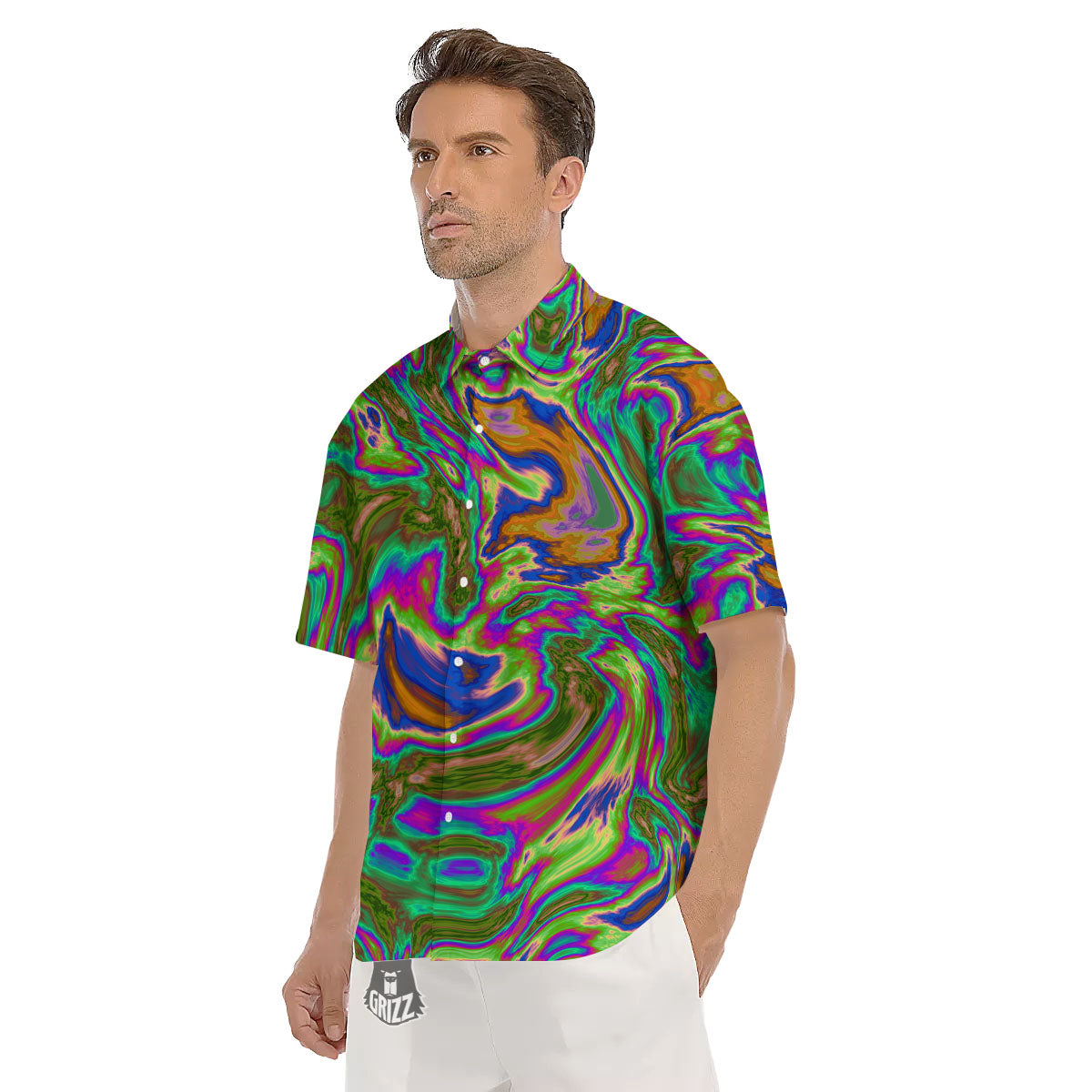 Psychedelic Trippy Purple Green Print Men's Short Sleeve Shirts-grizzshop