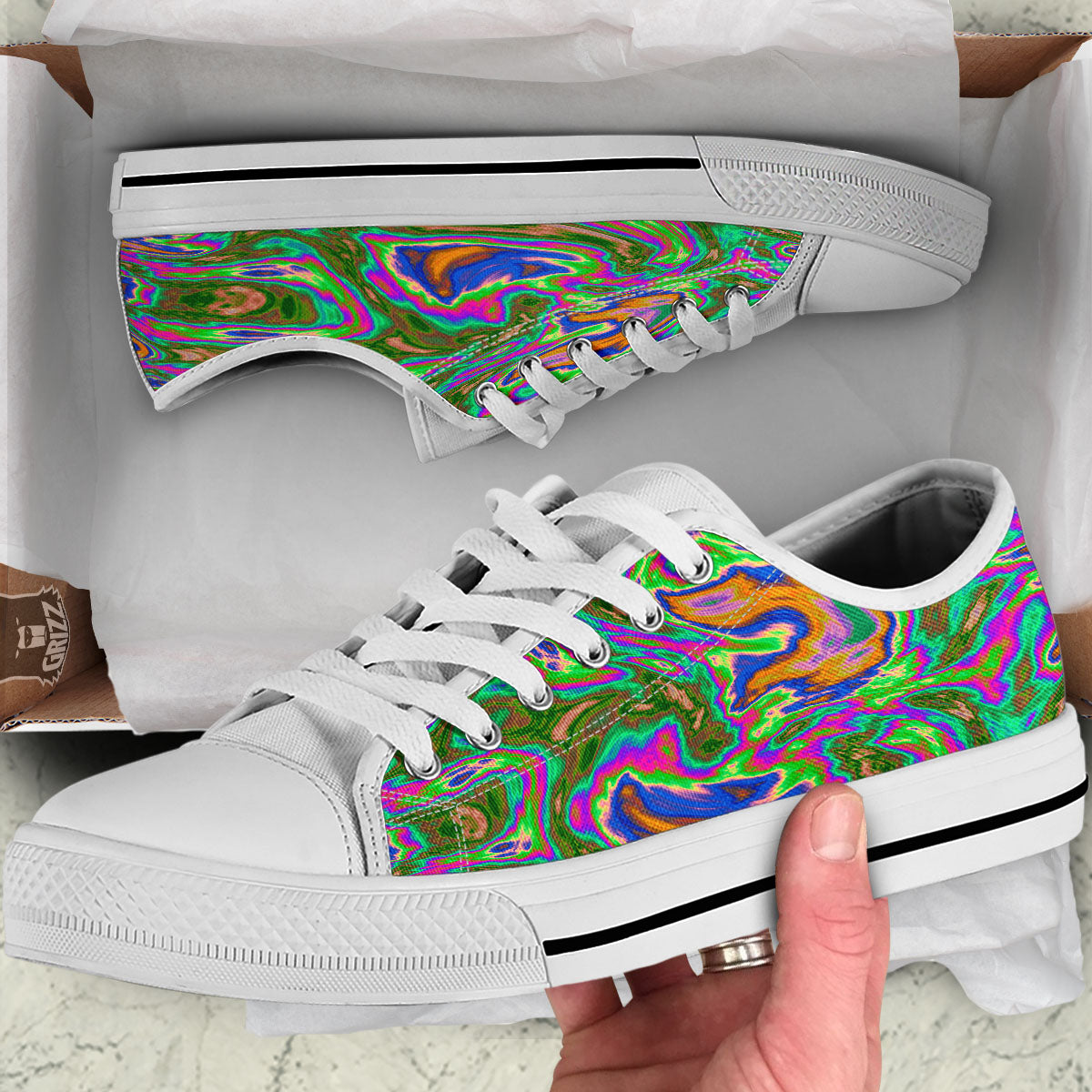 Psychedelic Trippy Purple Green Print White Low Top Shoes-grizzshop
