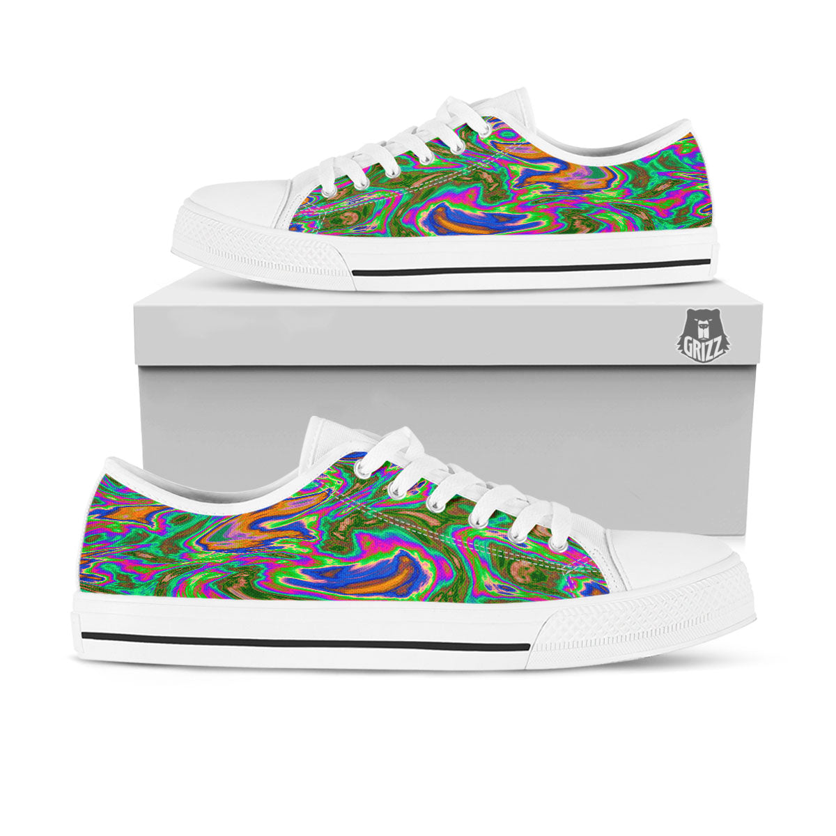 Psychedelic Trippy Purple Green Print White Low Top Shoes-grizzshop