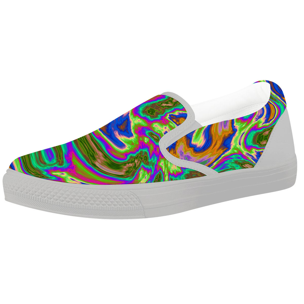 Psychedelic Trippy Purple Green Print White Slip On Shoes-grizzshop