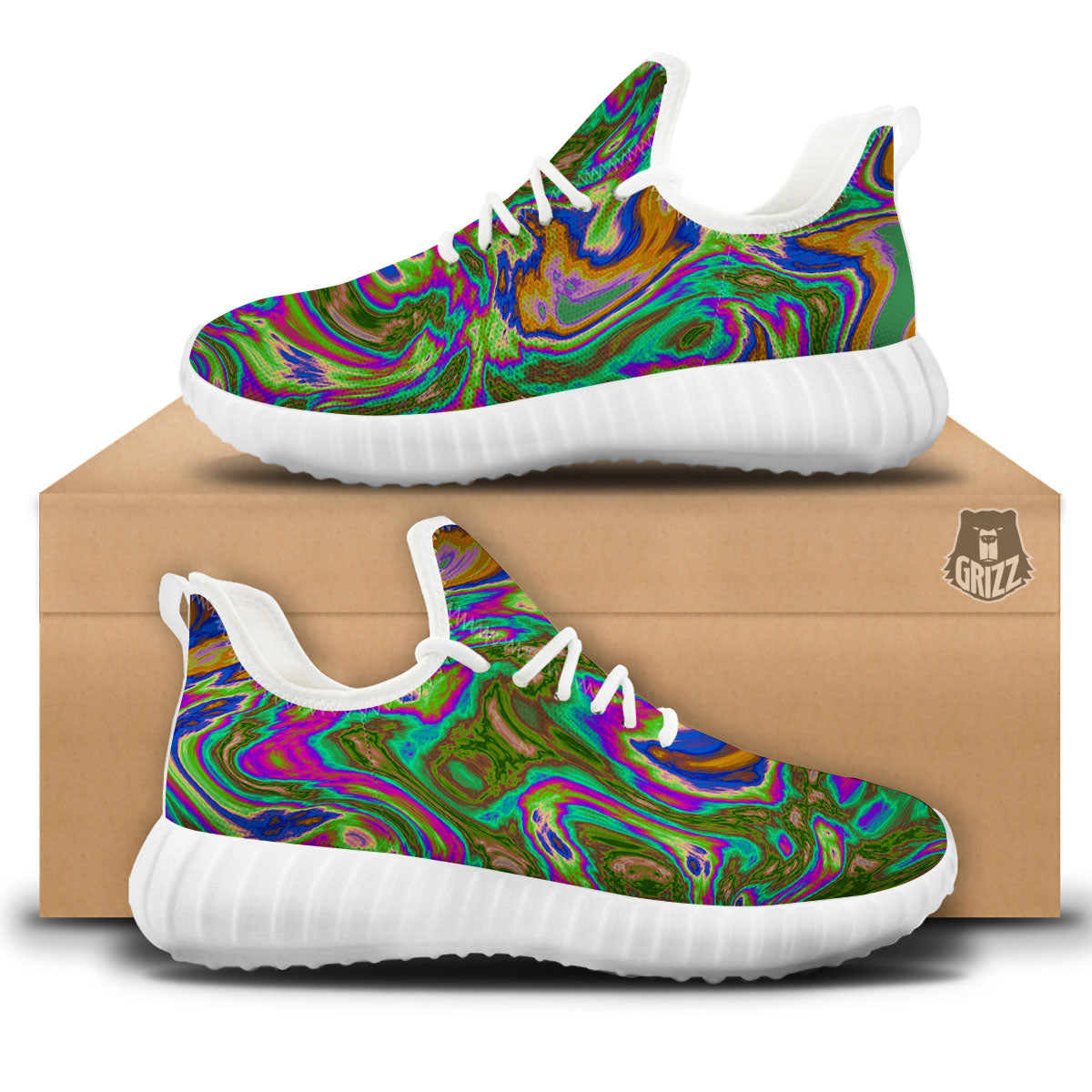 Psychedelic Trippy Purple Green Print White Walking Shoes-grizzshop
