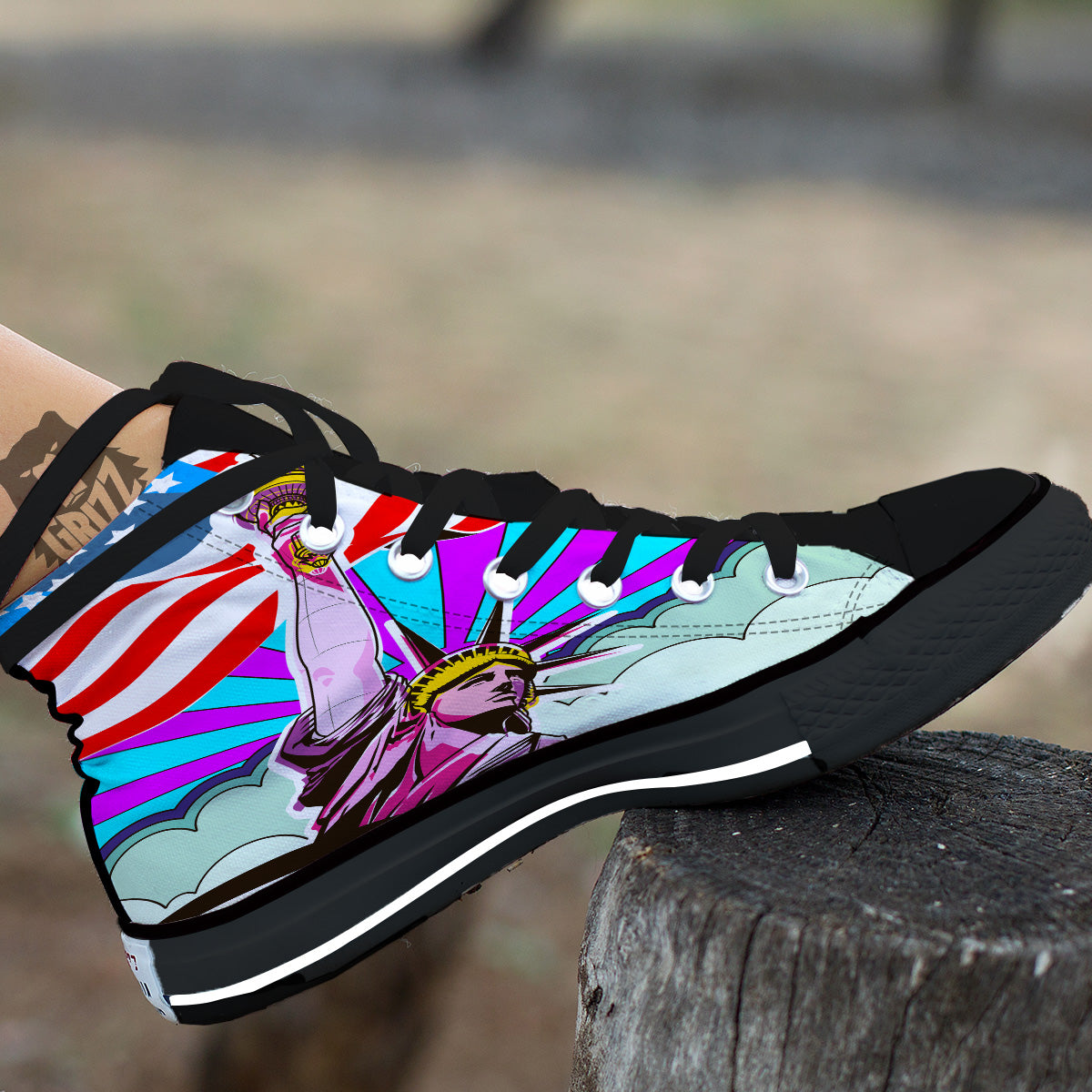 Psychedelic USA Statue of Liberty Independence Day Print Black High Top Shoes-grizzshop
