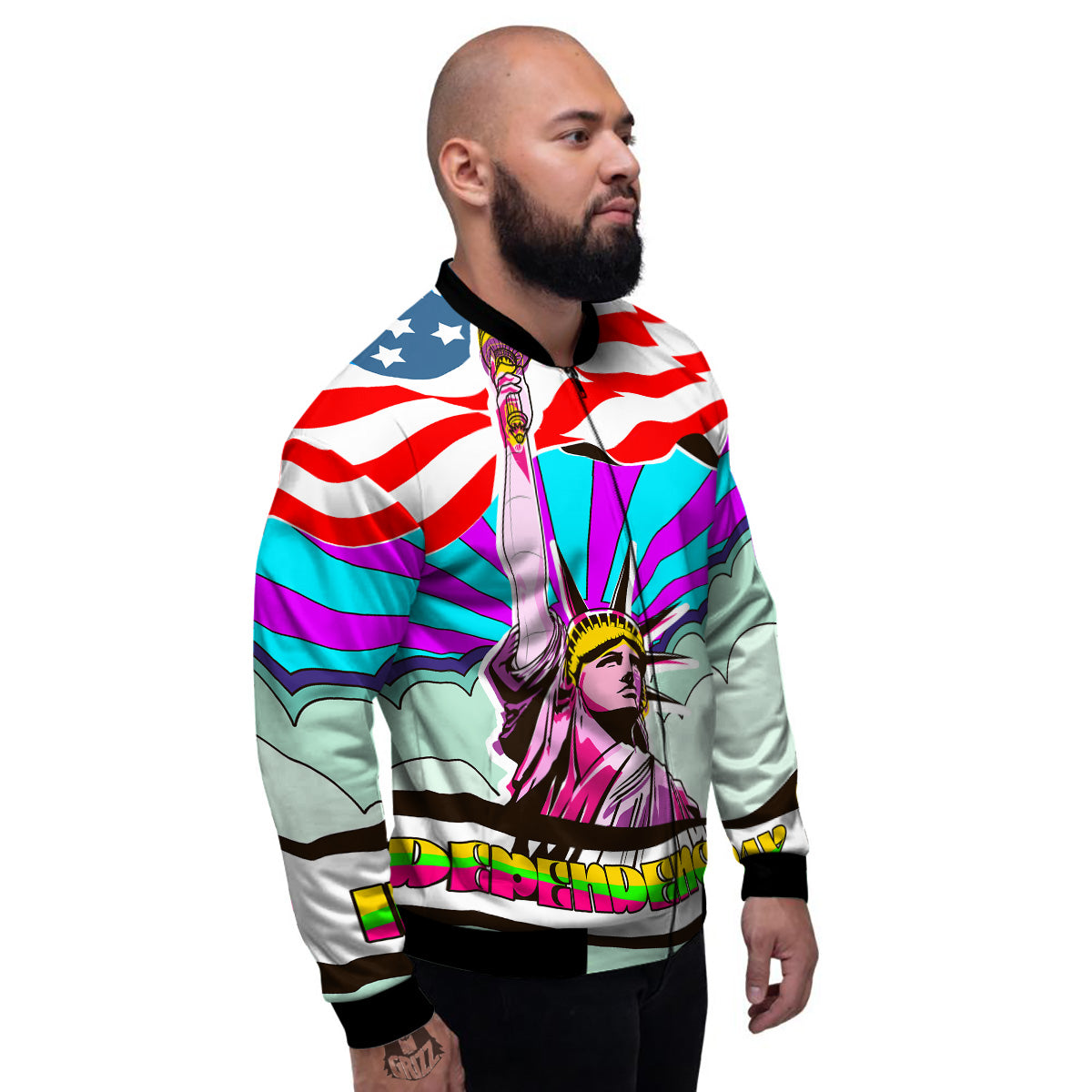 Psychedelic USA Statue of Liberty Independence Day Print Men's Bomber Jacket-grizzshop