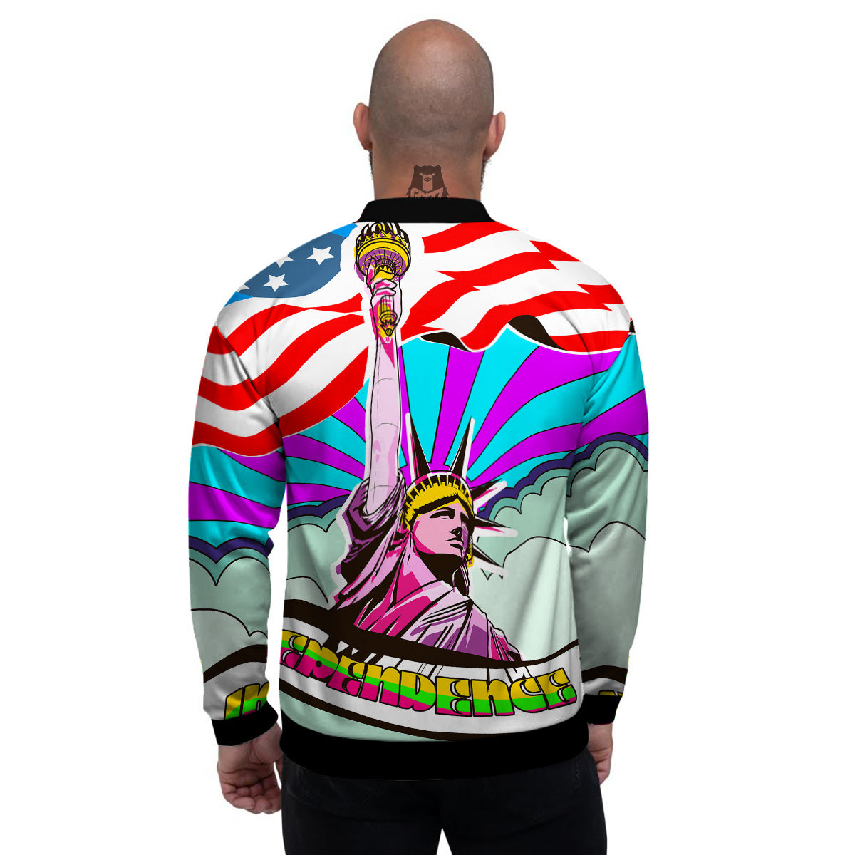 Psychedelic USA Statue of Liberty Independence Day Print Men's Bomber Jacket-grizzshop
