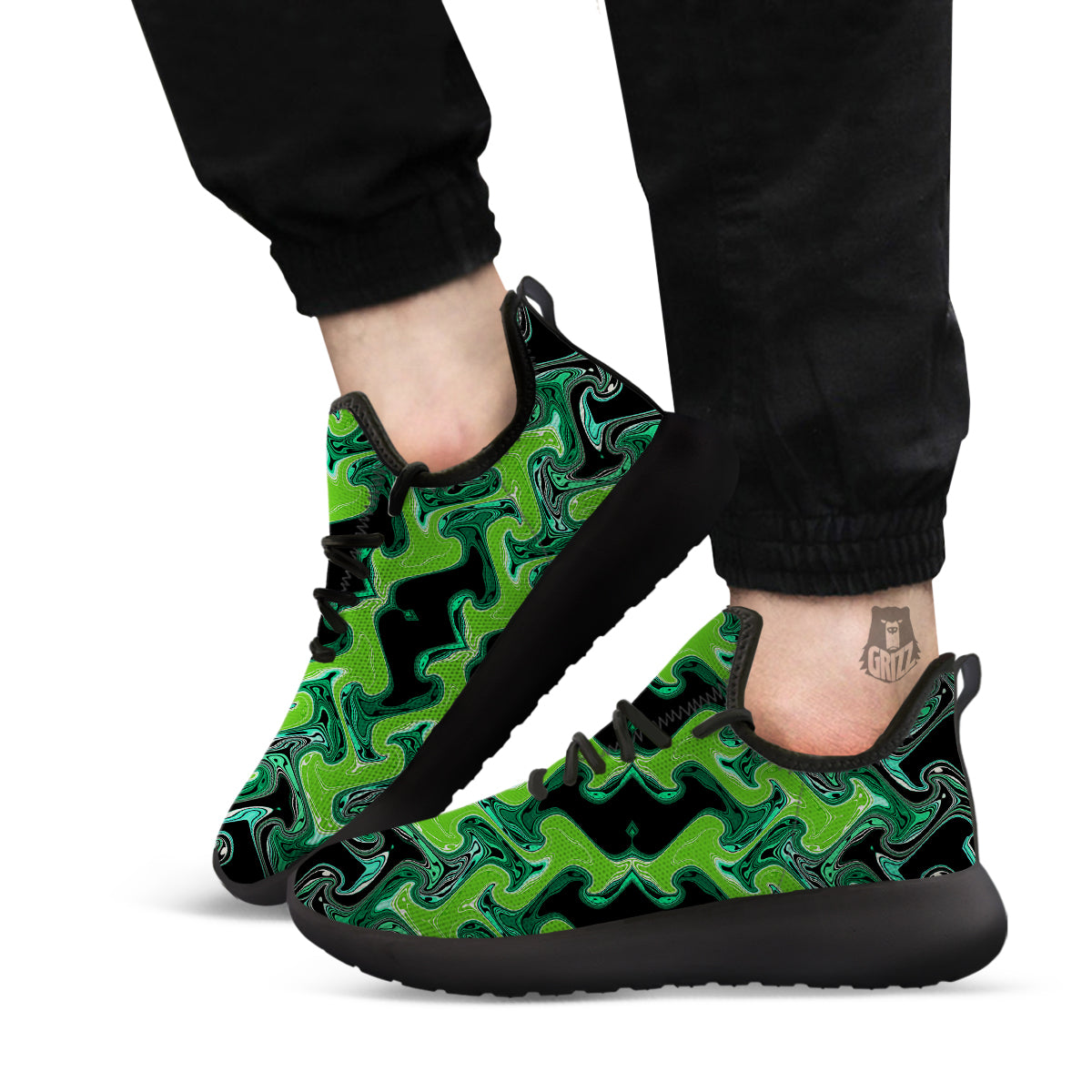 Psychedelic Wave Liquid Green Print Black Athletic Shoes-grizzshop