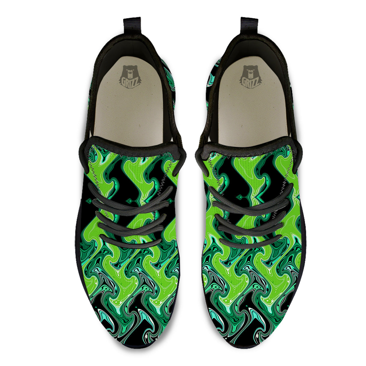 Psychedelic Wave Liquid Green Print Black Athletic Shoes-grizzshop