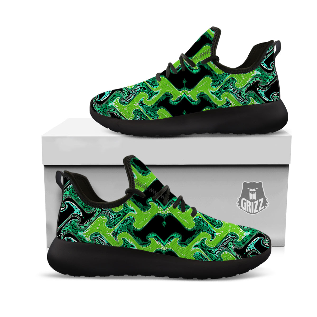 Psychedelic Wave Liquid Green Print Black Athletic Shoes-grizzshop
