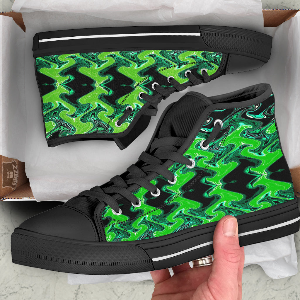 Psychedelic Wave Liquid Green Print Black High Top Shoes-grizzshop