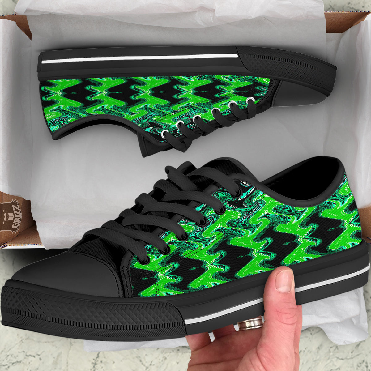 Psychedelic Wave Liquid Green Print Black Low Top Shoes-grizzshop