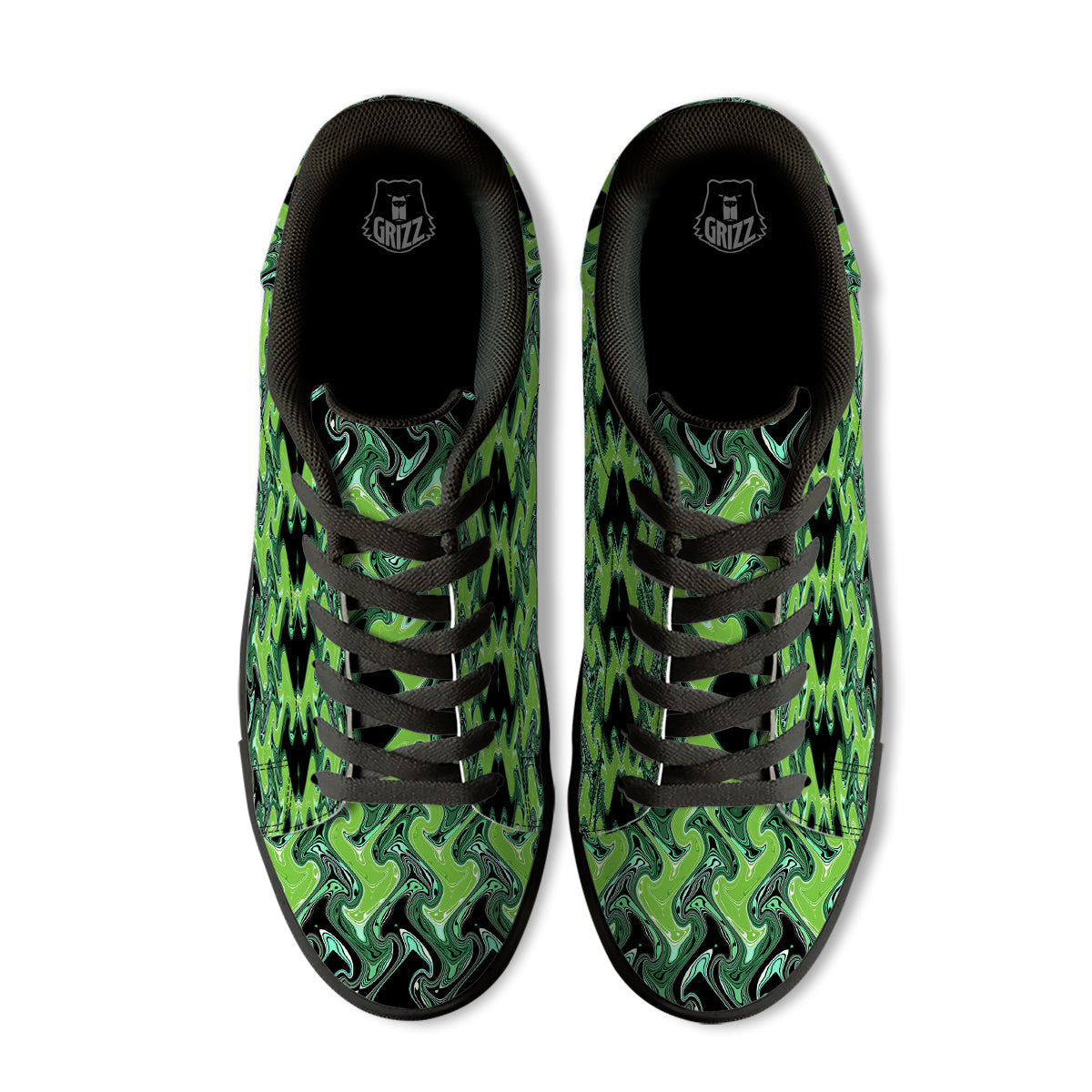 Psychedelic Wave Liquid Green Print Black Low Top Sneakers-grizzshop