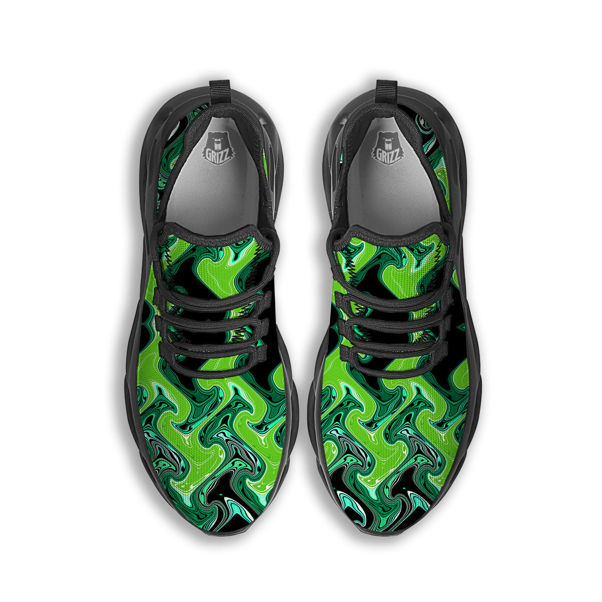 Psychedelic Wave Liquid Green Print Black Running Shoes-grizzshop