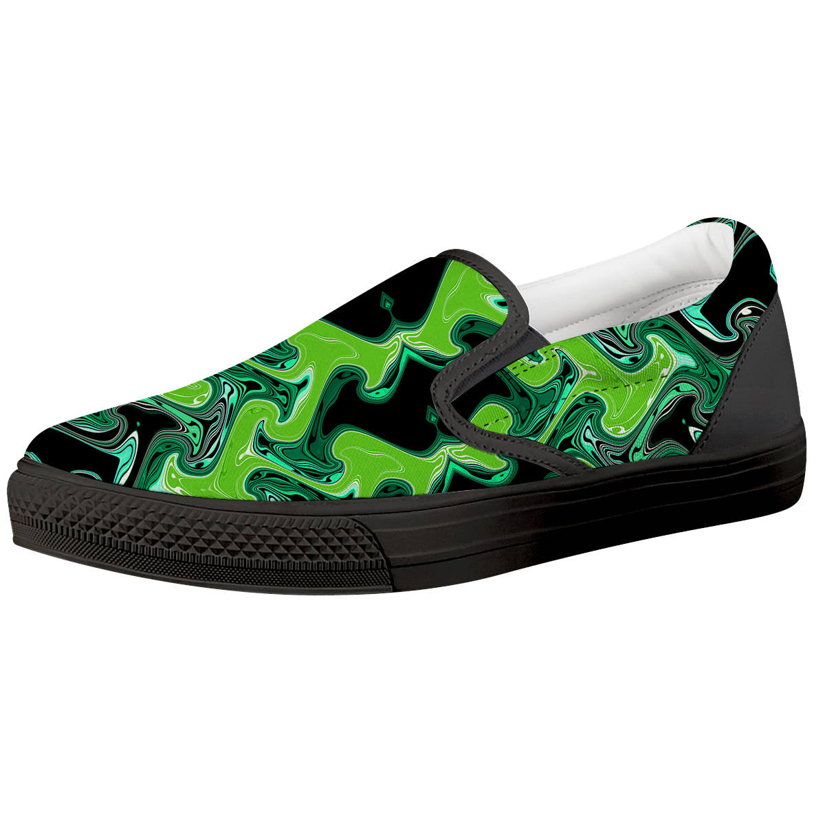 Psychedelic Wave Liquid Green Print Black Slip On Shoes-grizzshop