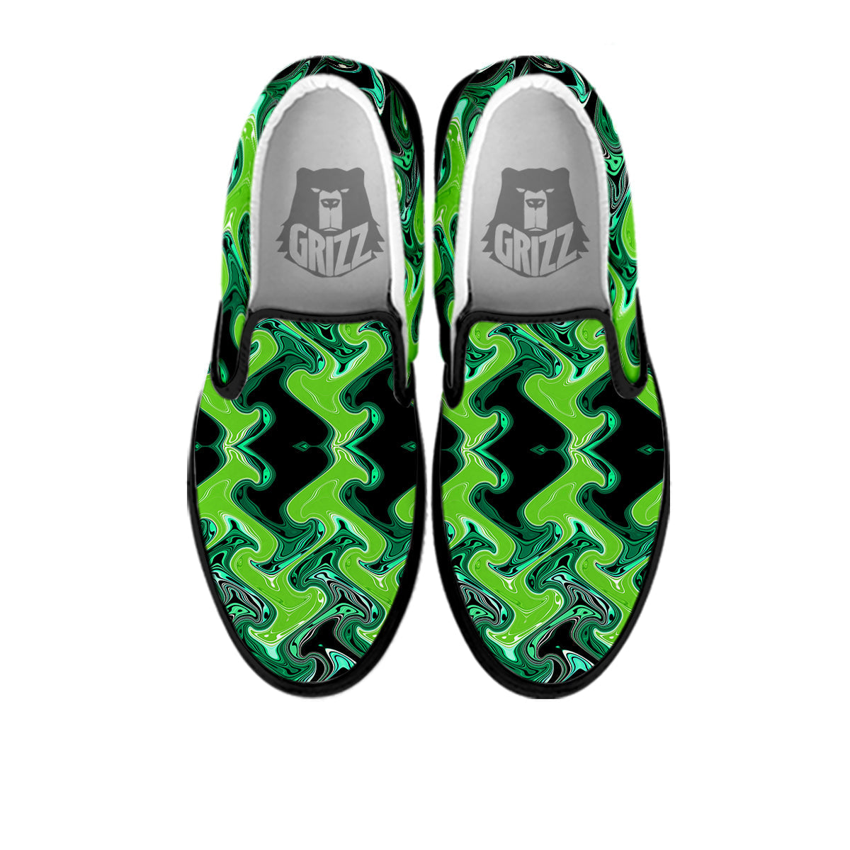 Psychedelic Wave Liquid Green Print Black Slip On Shoes-grizzshop