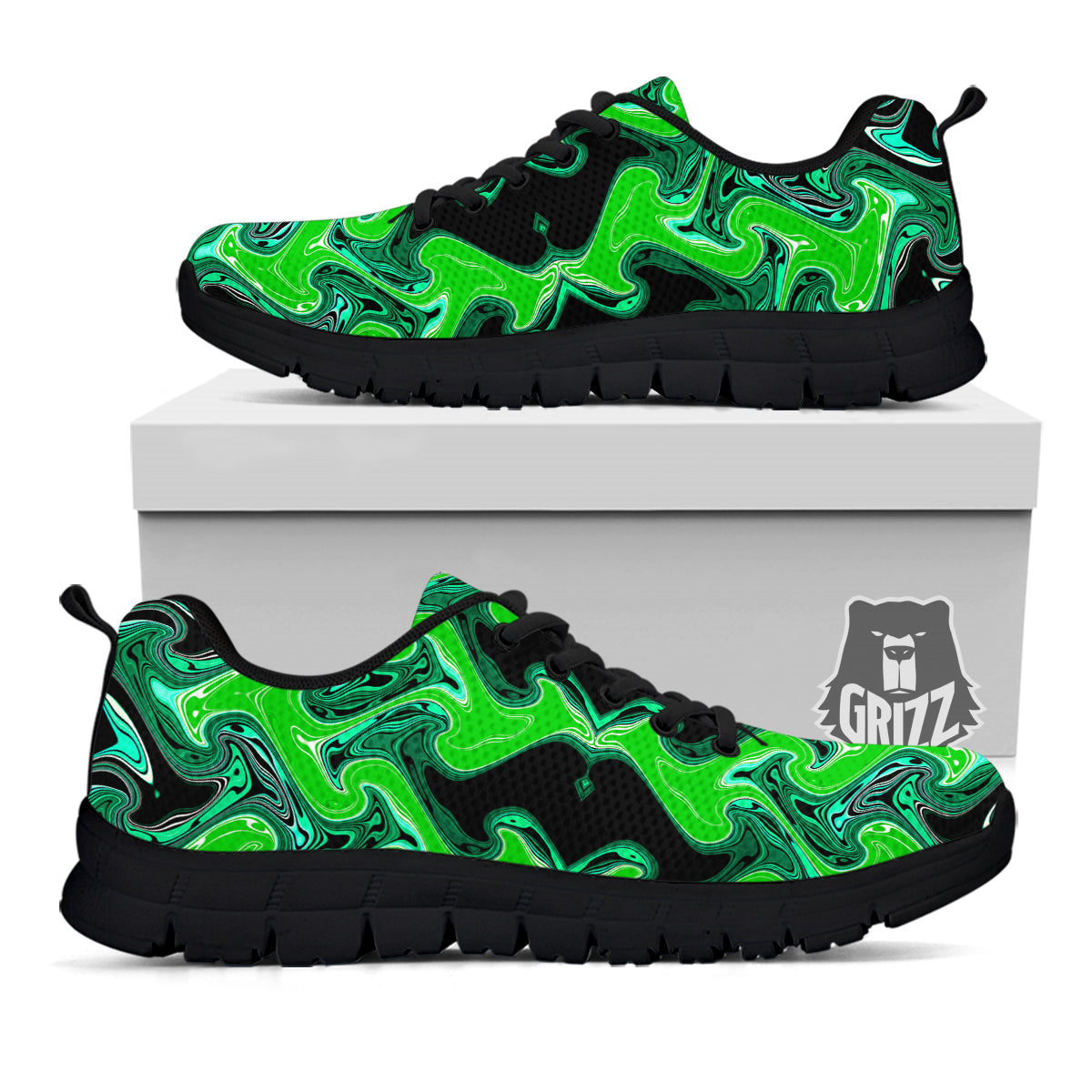 Psychedelic Wave Liquid Green Print Black Sneaker-grizzshop