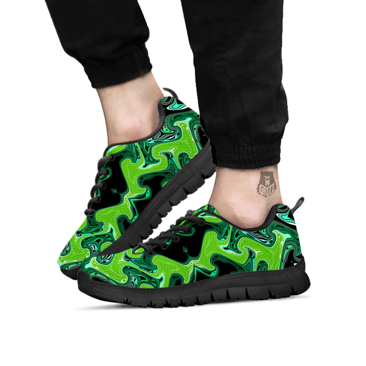 Psychedelic Wave Liquid Green Print Black Sneaker-grizzshop
