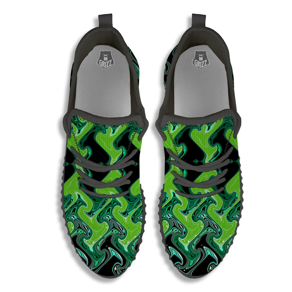 Psychedelic Wave Liquid Green Print Black Walking Shoes-grizzshop