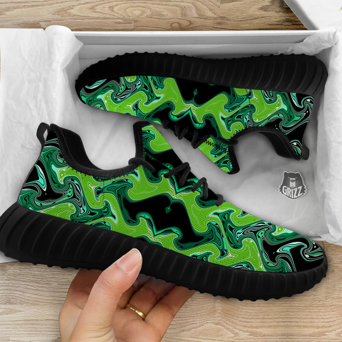 Psychedelic Wave Liquid Green Print Black Walking Shoes-grizzshop