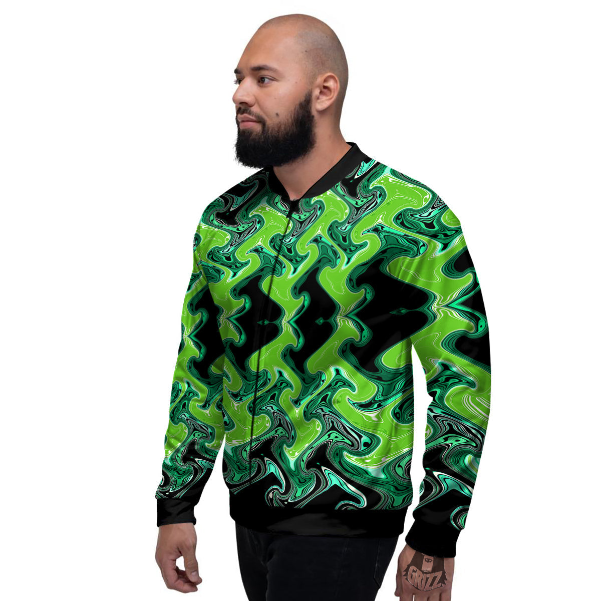 Psychedelic Wave Liquid Green Print Men's Bomber Jacket-grizzshop