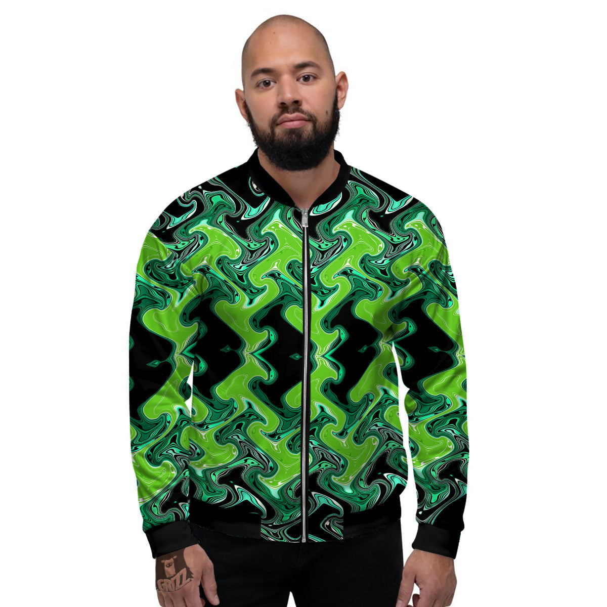 Psychedelic Wave Liquid Green Print Men's Bomber Jacket-grizzshop