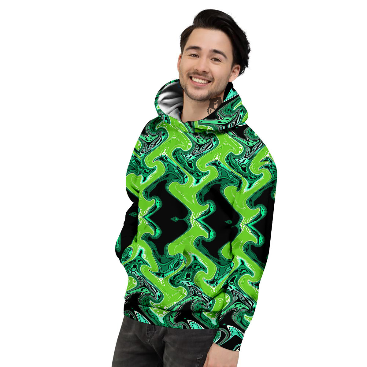 Psychedelic Wave Liquid Green Print Men's Hoodie-grizzshop
