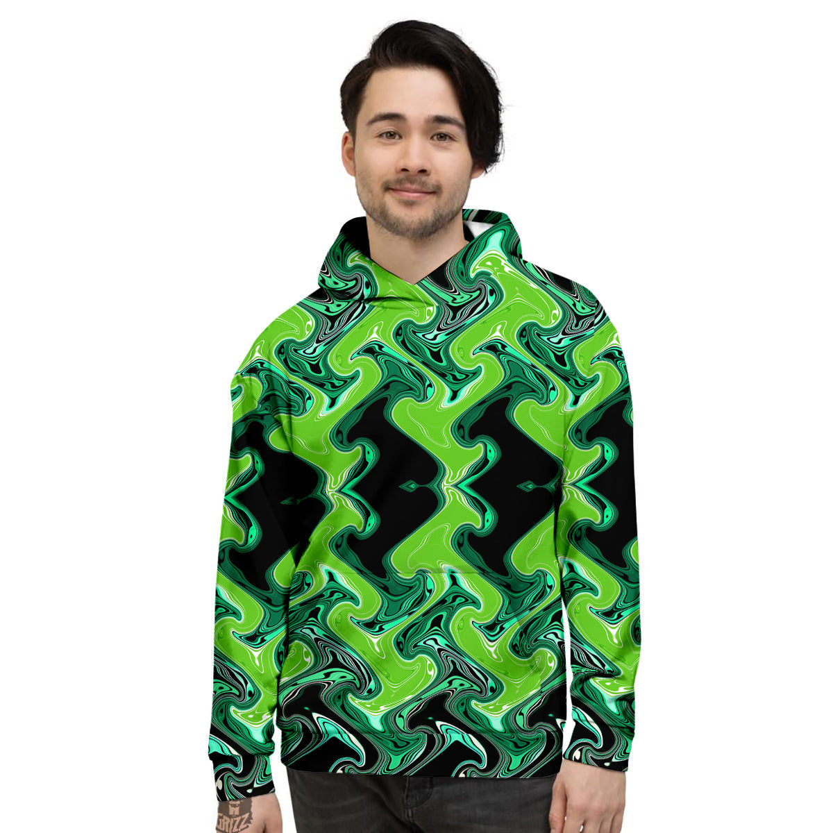 Psychedelic Wave Liquid Green Print Men's Hoodie-grizzshop
