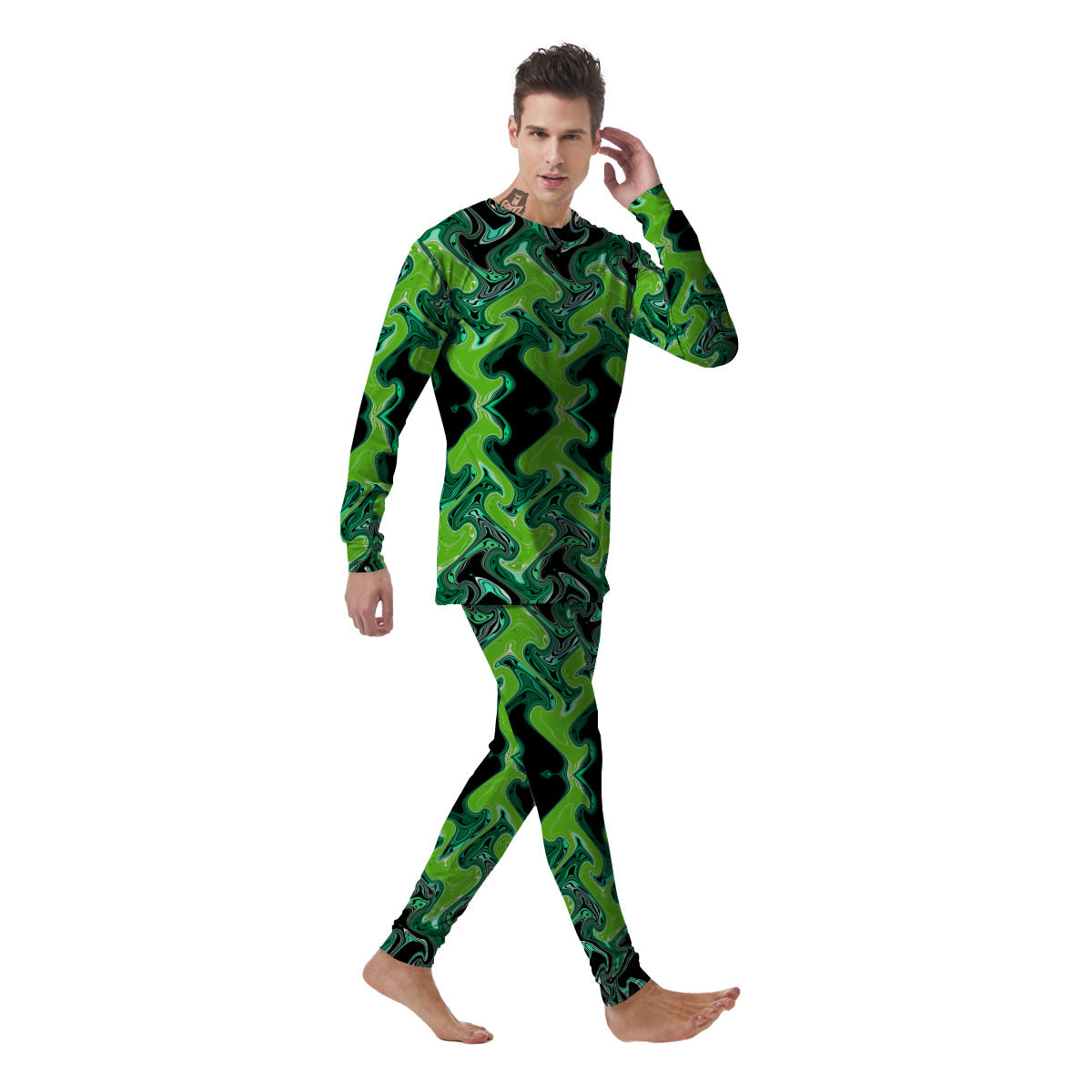 Psychedelic Wave Liquid Green Print Men's Pajamas-grizzshop