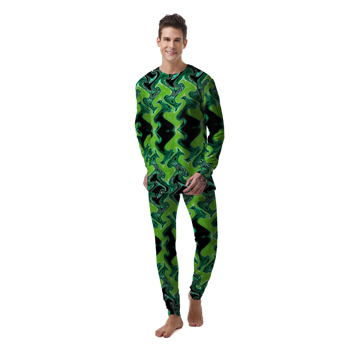 Psychedelic Wave Liquid Green Print Men's Pajamas-grizzshop
