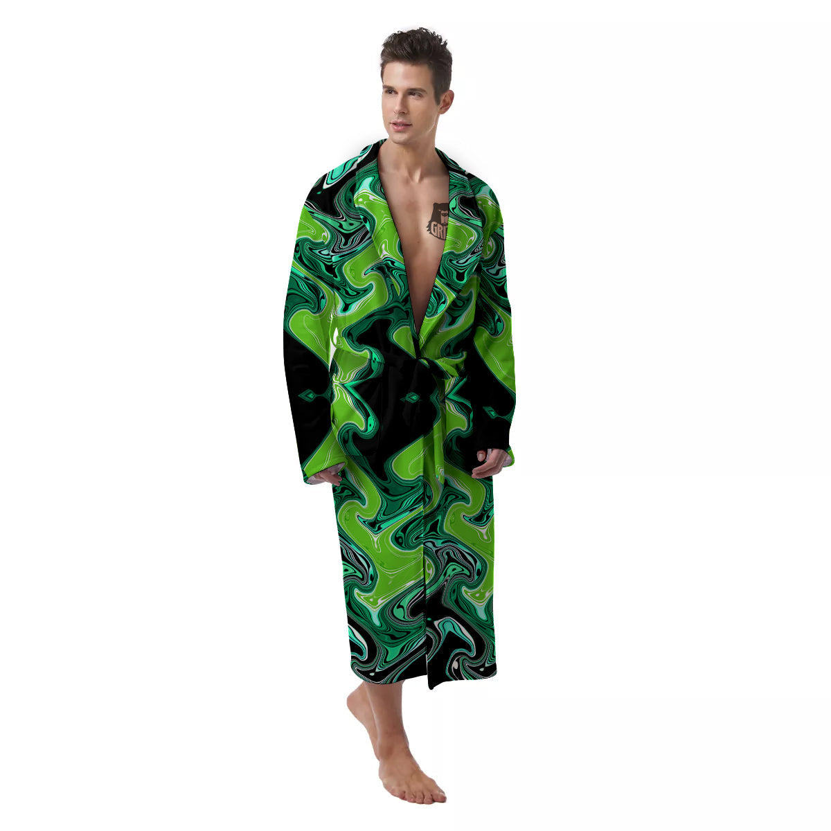 Psychedelic Wave Liquid Green Print Men's Robe-grizzshop