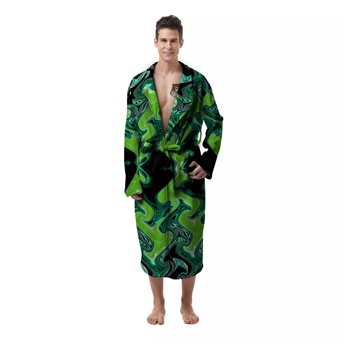 Psychedelic Wave Liquid Green Print Men's Robe-grizzshop
