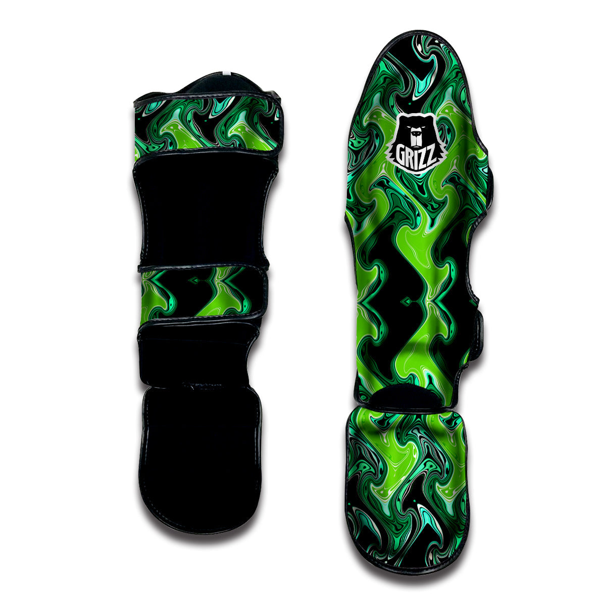 Psychedelic Wave Liquid Green Print Muay Thai Shin Guards-grizzshop
