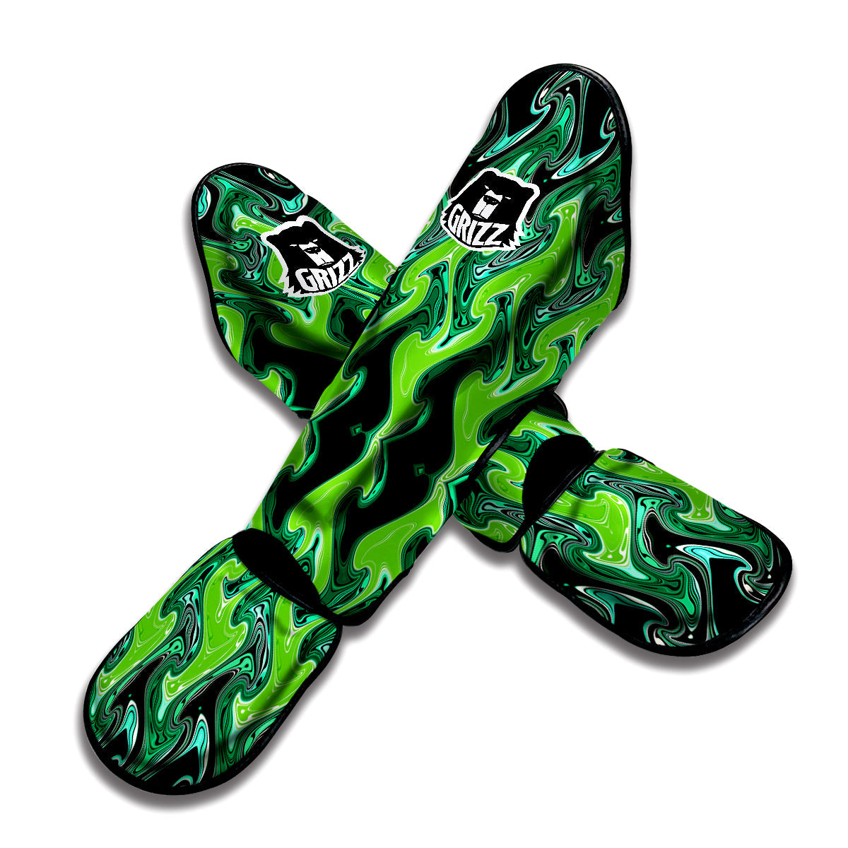 Psychedelic Wave Liquid Green Print Muay Thai Shin Guards-grizzshop