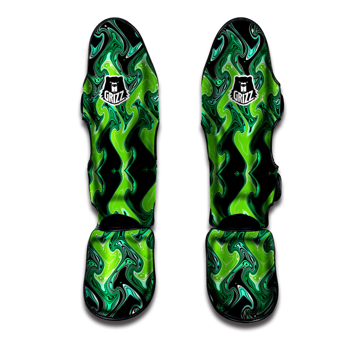 Psychedelic Wave Liquid Green Print Muay Thai Shin Guards-grizzshop