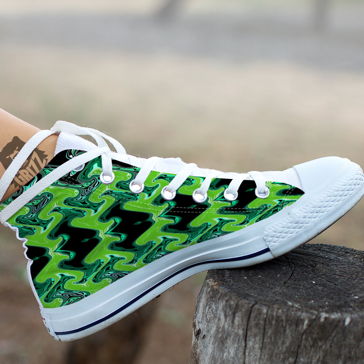 Psychedelic Wave Liquid Green Print White High Top Shoes-grizzshop