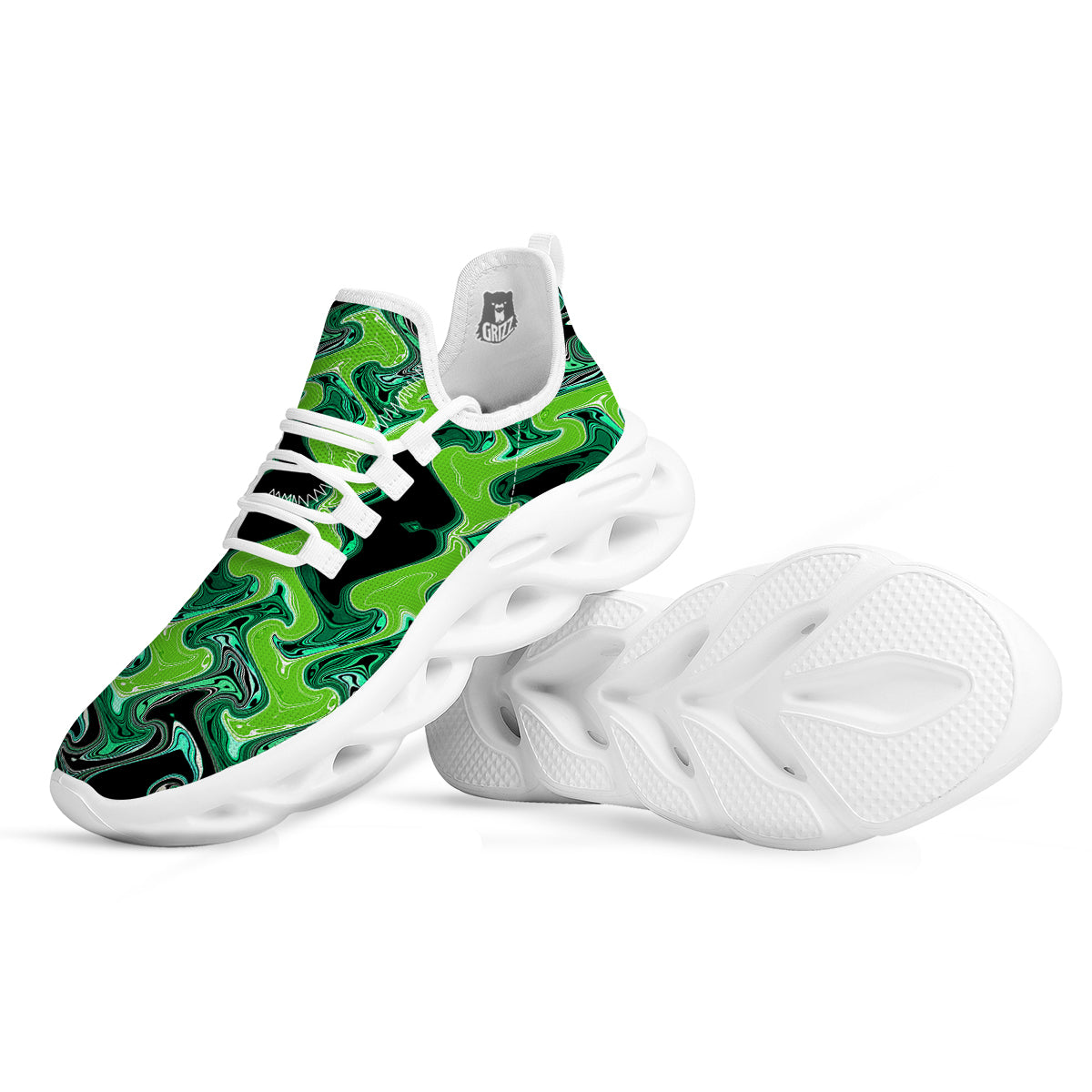 Psychedelic Wave Liquid Green Print White Running Shoes-grizzshop