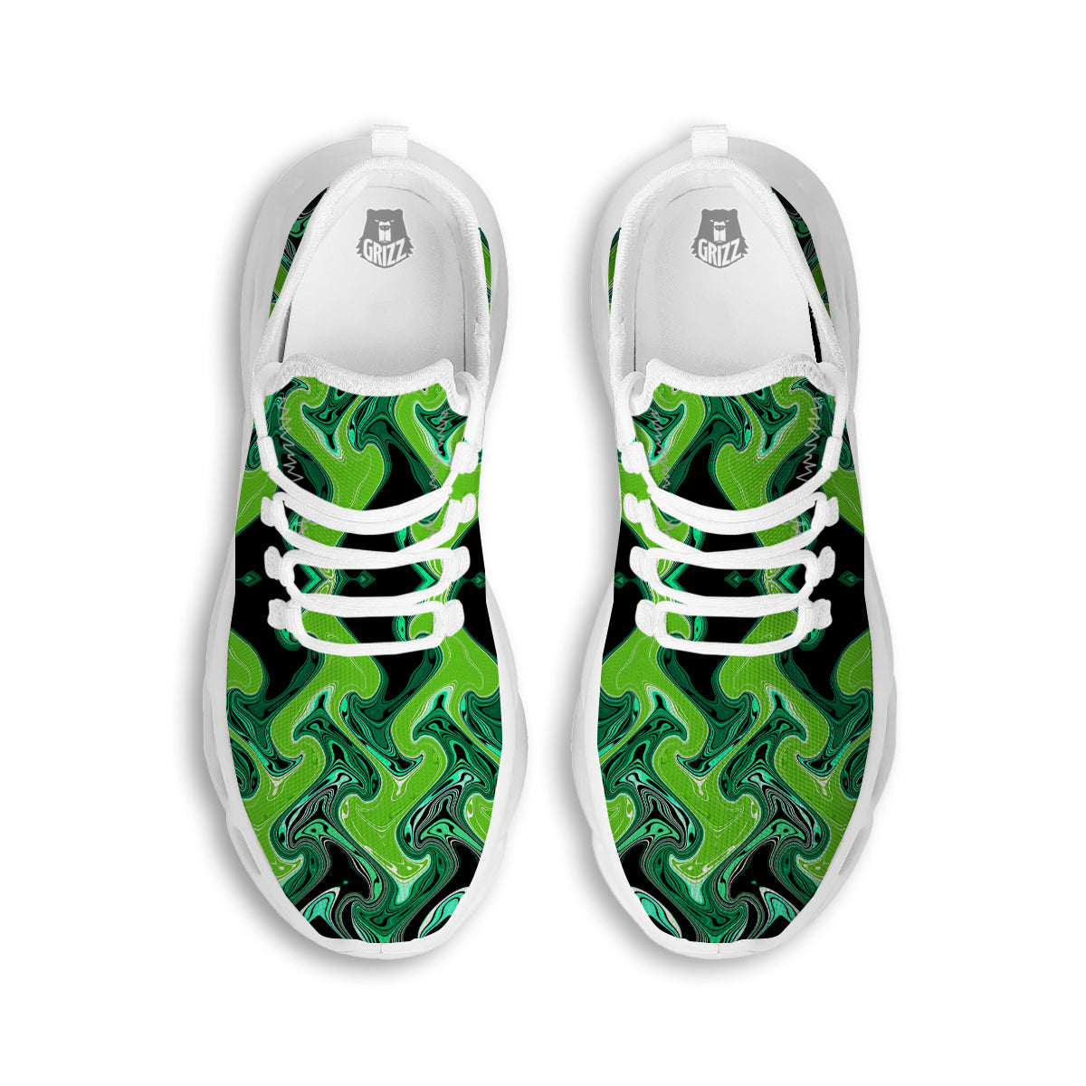 Psychedelic Wave Liquid Green Print White Running Shoes-grizzshop