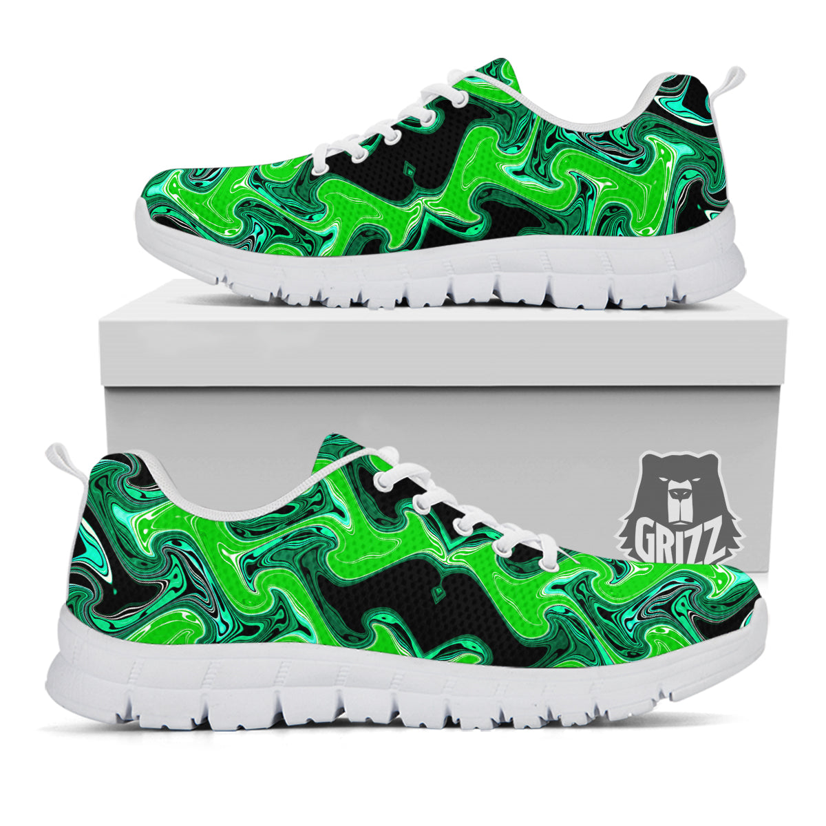 Psychedelic Wave Liquid Green Print White Sneaker-grizzshop