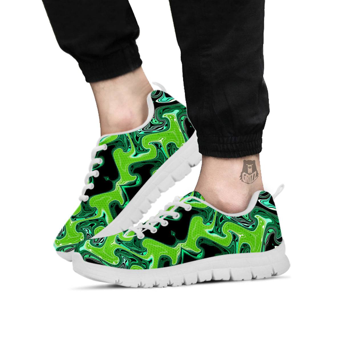 Psychedelic Wave Liquid Green Print White Sneaker-grizzshop