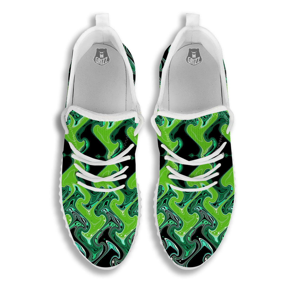 Psychedelic Wave Liquid Green Print White Walking Shoes-grizzshop